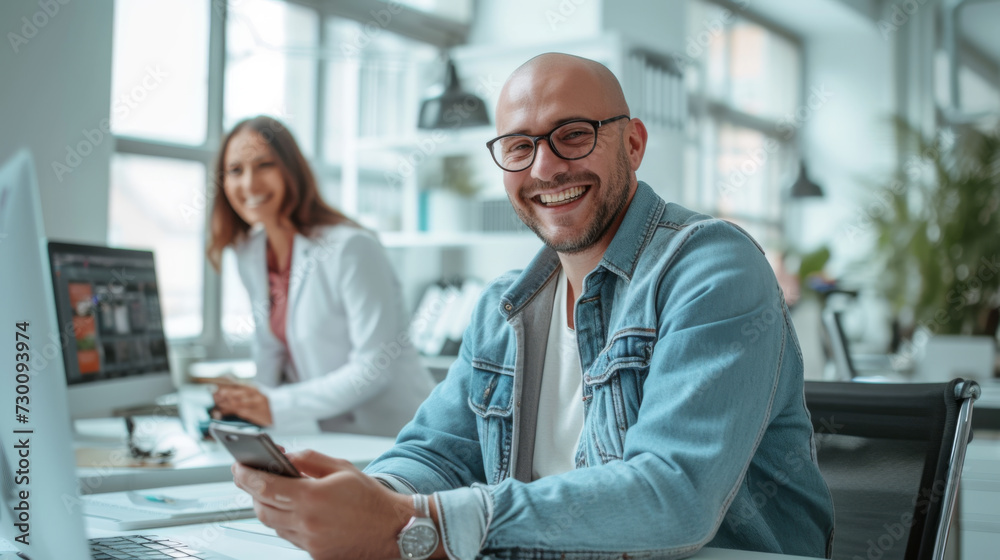 Fototapeta premium Two joyful colleagues in a bright office are interacting with each other, one holding a smartphone and the other working at a computer.