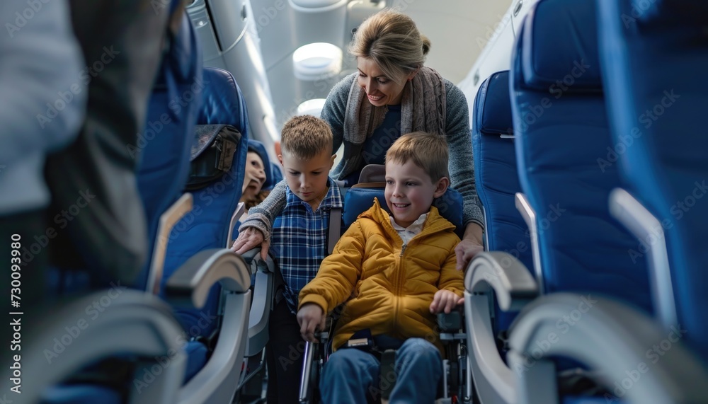 A woman and two boys sitting on an airplane. A woman and two boys sitting on an airplane.