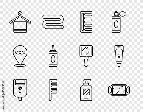 Set line Electric razor blade for men, Hand mirror, Hairbrush, Towel on hanger, Bottle of shampoo, and Electrical hair clipper shaver icon. Vector