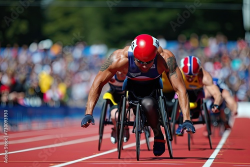 Men in wheelchairs racing on a track.