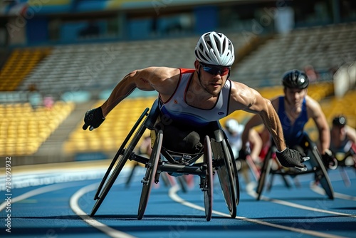 Man in wheelchair on track. photo