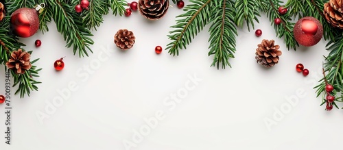 Christmas decorations and pine branches in isolated corners on white backdrop.