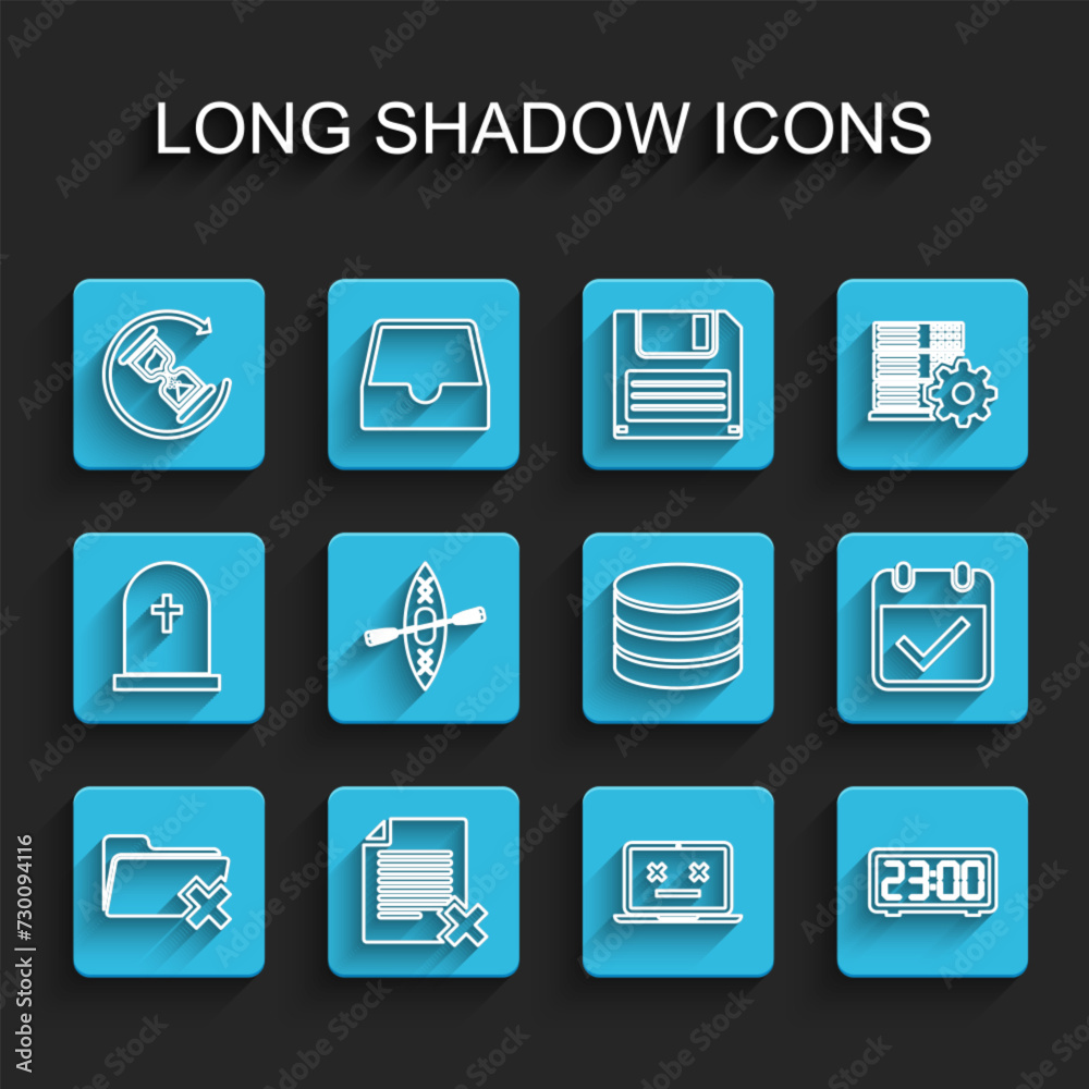 Set line Delete folder, file document, Waiting, Dead laptop, Digital alarm clock, Kayak and paddle, Calendar with check mark and Database icon. Vector Set line Delete folder, file document, Waiting, Dead laptop, Digital alarm clock, Kayak and paddle, Calendar with check mark and Database icon. Vector