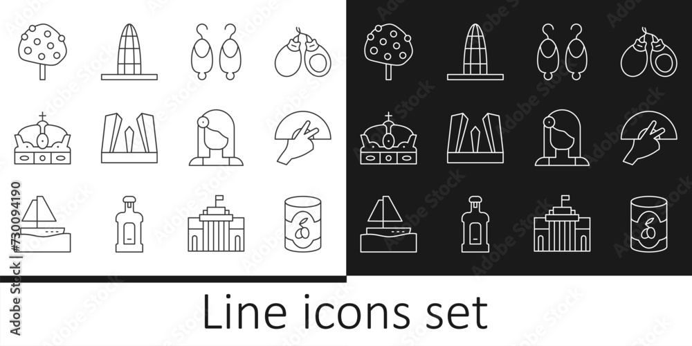 Set line Olives in can, Fan flamenco, Earrings, Gate of Europe, Crown spain, Orange tree, Spanish woman and Agbar tower icon. Vector