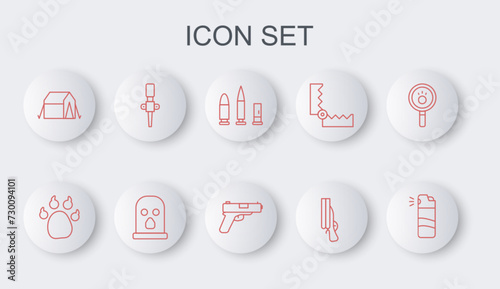 Set line Pepper spray, Paw print, Bullet and cartridge, Shotgun, Tourist tent, Torch flame, Balaclava and Pistol icon. Vector