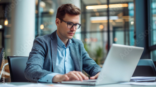 A professional is focused on working on a laptop at an office desk, with documents spread out and a casual yet smart style.