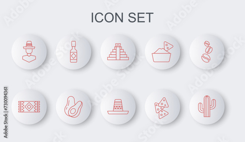 Set line Cactus, Mexican carpet, Chichen Itza in Mayan, Nachos, man sombrero, Tabasco sauce, Avocado fruit and icon. Vector