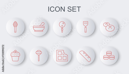 Set line Macaron cookie, Cake, Lollipop, French baguette bread, Honey dipper stick, Mortar and pestle, and Chocolate bar icon. Vector
