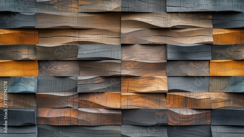 A textured wall made of wooden planks with modern decorative shapes and various shades of wood. Textured wood background, wallpaper for design, covers and postcards