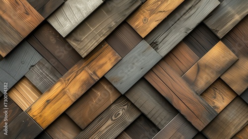 A textured wall made of wooden planks with modern decorative shapes and various shades of wood. Textured wood background, wallpaper for design, covers and postcards
