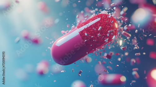 Pills flying concept,colorful pills depicting addiction risk