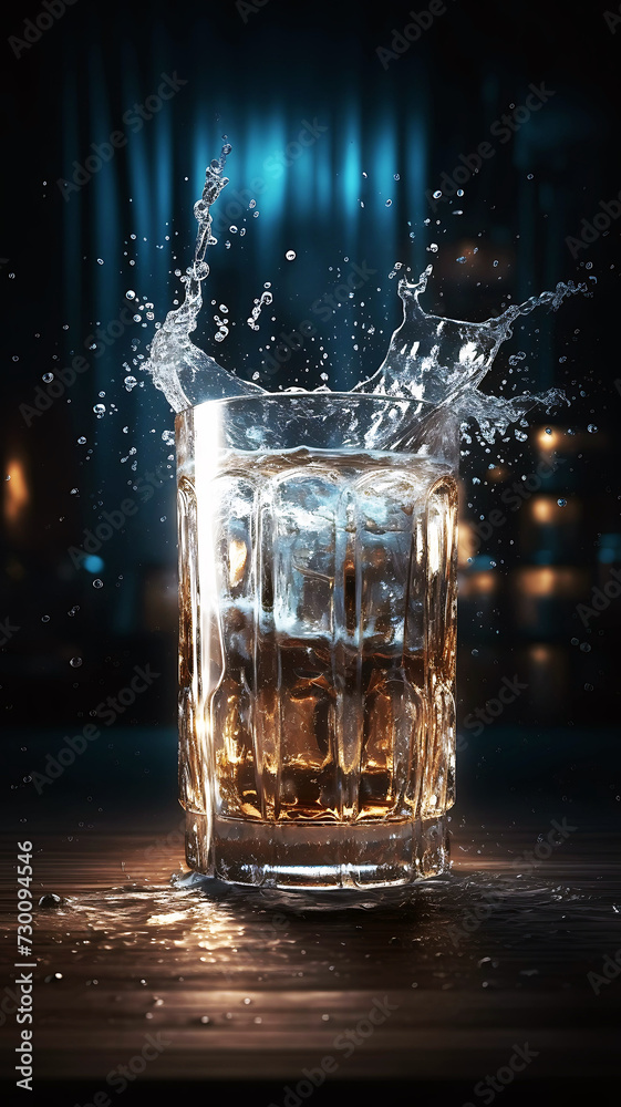 glass of splashing beer and ice cubes glass of splashing beer and ice cubes