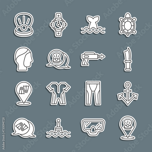 Set line Scallop sea shell, Anchor, Diving knife, Whale tail, hood, Pearl and Fishing harpoon icon. Vector