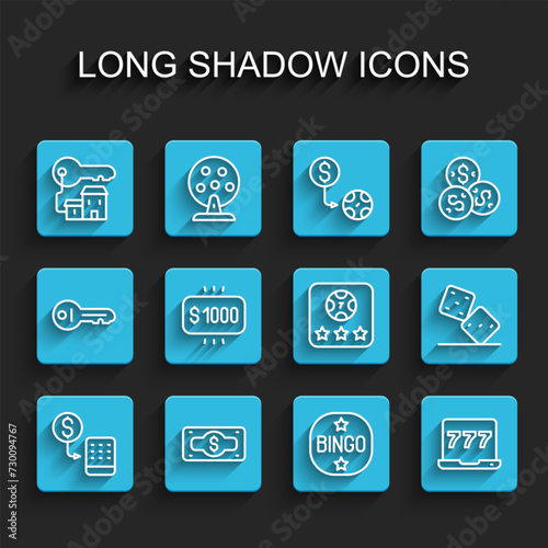 Set line Casino chips exchange, Stacks paper money cash, Winning house with key, Bingo, Laptop and slot machine, Money prize casino, Game dice and Online poker table game icon. Vector