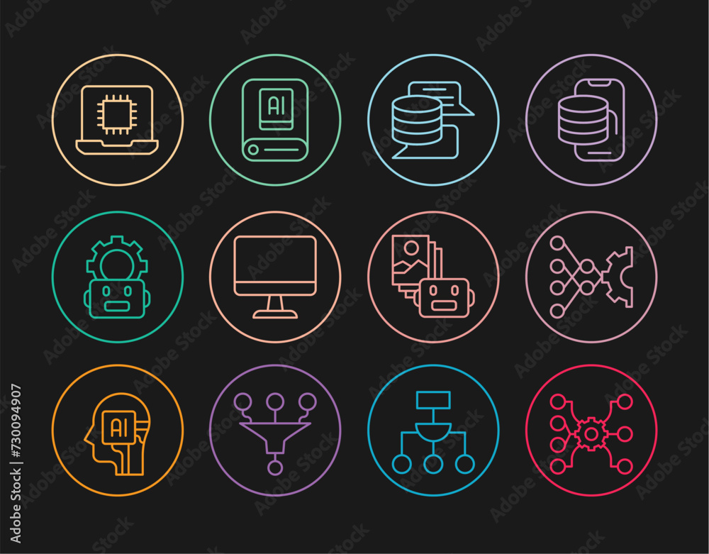 Set line Neural network, Server, Data, Computer monitor, Robot setting, Processor CPU, Artificial intelligence robot and AI icon. Vector Set line Neural network, Server, Data, Computer monitor, Robot setting, Processor CPU, Artificial intelligence robot and AI icon. Vector
