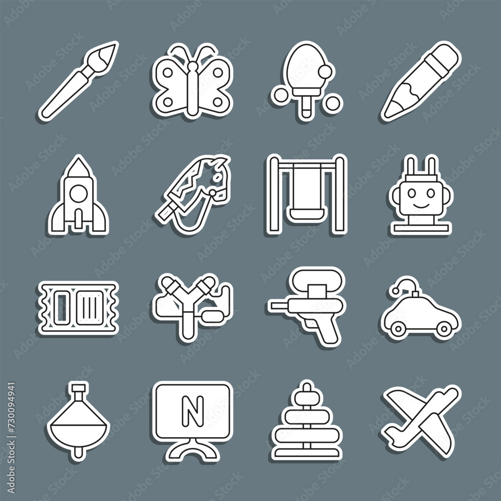 Fototapeta premium Set line Toy plane, Radio controlled car toy, Robot, Racket, horse, Rocket ship, Paint brush and Swing icon. Vector