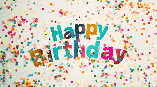 The words "Happy Birthday" spelled out with a cascade of bright, multicolored confetti against a white background.