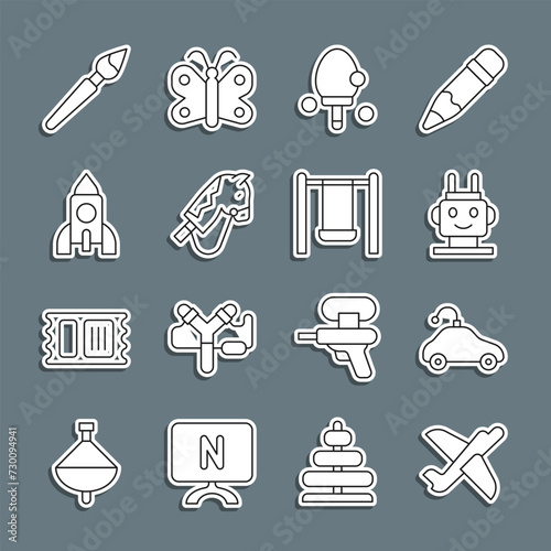 Set line Toy plane, Radio controlled car toy, Robot, Racket, horse, Rocket ship, Paint brush and Swing icon. Vector
