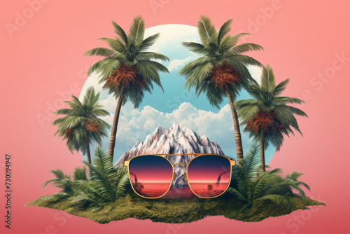 Contemporary art collage made of beautiful island with palm trees and sunglasses. Vacation and travel concept