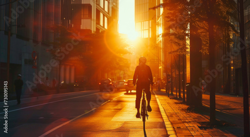 Man  bicycle and environmentally friendly transport for commute  transportation and travel. Sunrise  morning light and dawn background of male or worker on bike on his way to the office or home