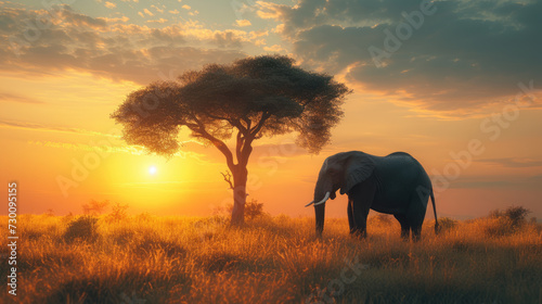 A herd of elephants strolls across the plain at sunset against the background of the sky and trees photo