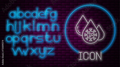 Glowing neon line Blood test and virus molecule coronavirus icon isolated on brick wall background. Coronavirus, COVID-19. 2019-nCoV. Neon light alphabet. Vector.