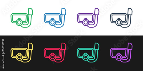 Set line Diving mask with snorkel icon isolated on black and white background. Extreme sport. Diving underwater equipment. Vector
