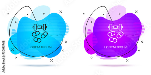 Line Sports doping, anabolic drugs with dumbbell icon isolated on white background. Anabolic steroids tablet. Pills in jar. Abstract banner with liquid shapes. Vector