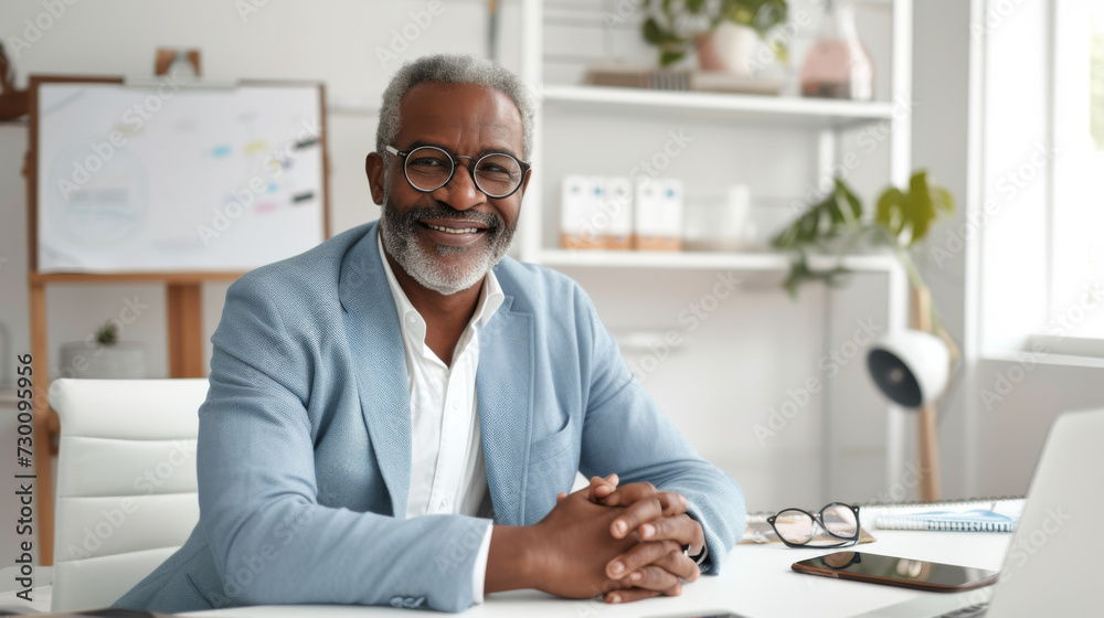 A professional in a light blue blazer is working on a laptop at a modern office desk, exuding confidence and satisfaction with their work. A professional in a light blue blazer is working on a laptop at a modern office desk, exuding confidence and satisfaction with their work.