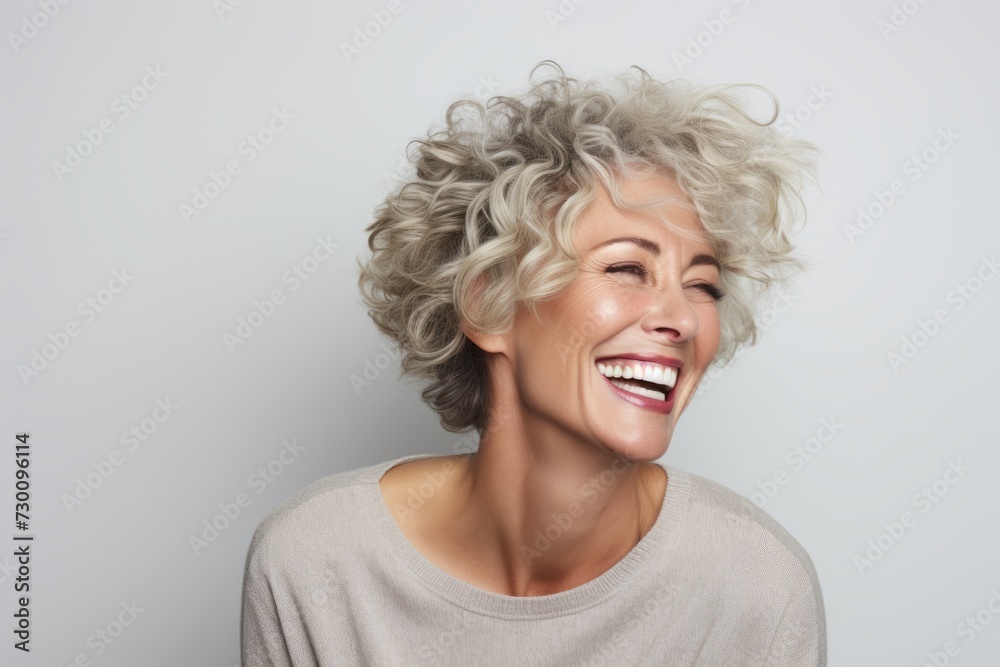 Closeup portrait of a beautiful happy middle aged woman with blonde curly hair Closeup portrait of a beautiful happy middle aged woman with blonde curly hair