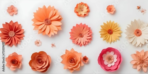various beautiful paper flowers arranged in a row on a white background