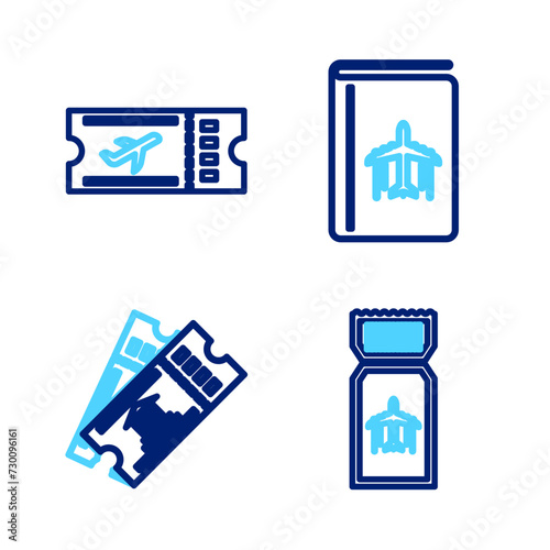 Set line Airline ticket, Museum, Cover book travel guide and icon. Vector