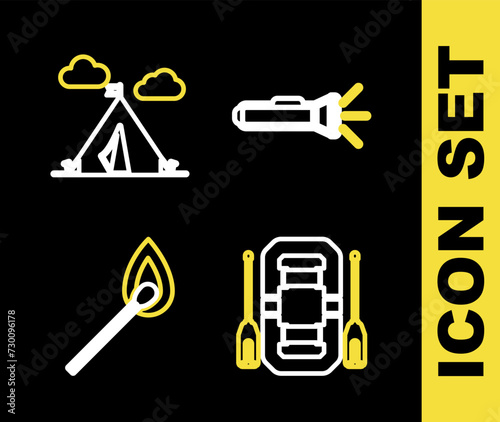 Set line Flashlight, Rafting boat, Burning match with fire and Tourist tent flag icon. Vector