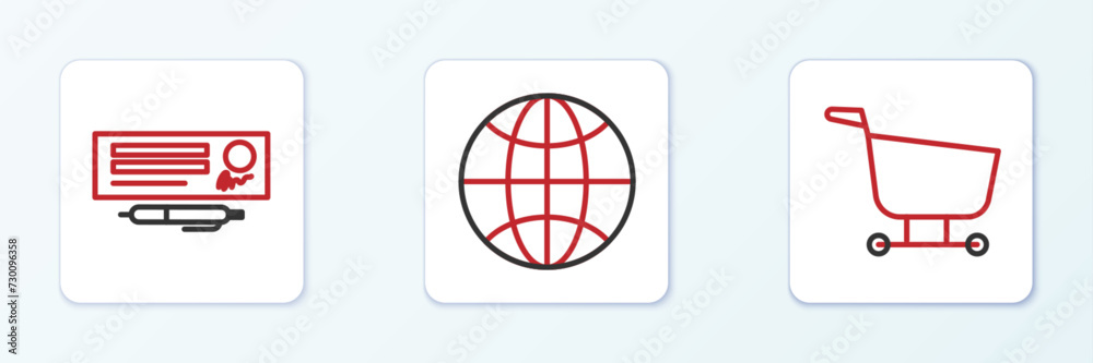 Set line Shopping cart, Bank check and pen and Worldwide icon. Vector Set line Shopping cart, Bank check and pen and Worldwide icon. Vector