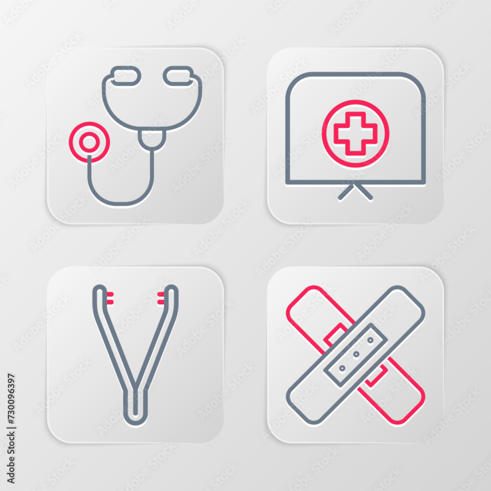 Set line Crossed bandage plaster, Medical tweezers, Nurse hat with cross and Stethoscope icon. Vector Set line Crossed bandage plaster, Medical tweezers, Nurse hat with cross and Stethoscope icon. Vector