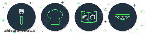 Set line Chef hat, Cookbook, Fork and Kitchen colander icon. Vector