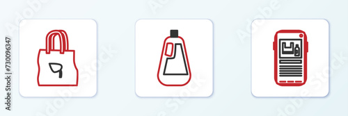 Set line Stop plastic pollution, Shopping bag with recycle and Bottle for dishwashing liquid icon. Vector