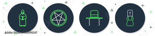 Set line Pentagram in a circle, Orthodox jewish hat with sidelocks, Monk and Priest icon. Vector