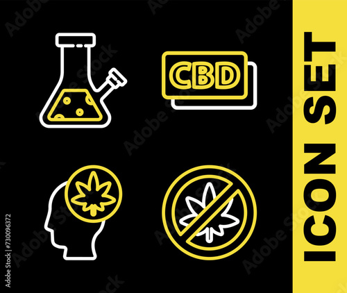 Set line Cannabis molecule, Stop marijuana or cannabis leaf, Head with and Glass bong for smoking icon. Vector