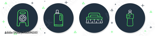 Set line Fabric softener, Brush for cleaning, Wet floor and progress and Dishwashing liquid bottle icon. Vector