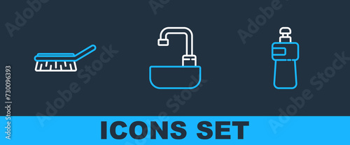 Set line Dishwashing liquid bottle, Brush for cleaning and Washbasin with water tap icon. Vector