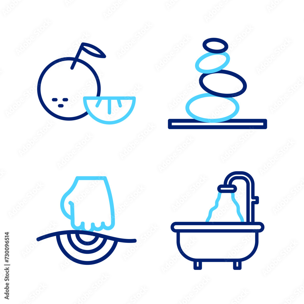 Set line Bathtub, Massage, Stack hot stones and Citrus fruit icon. Vector Set line Bathtub, Massage, Stack hot stones and Citrus fruit icon. Vector