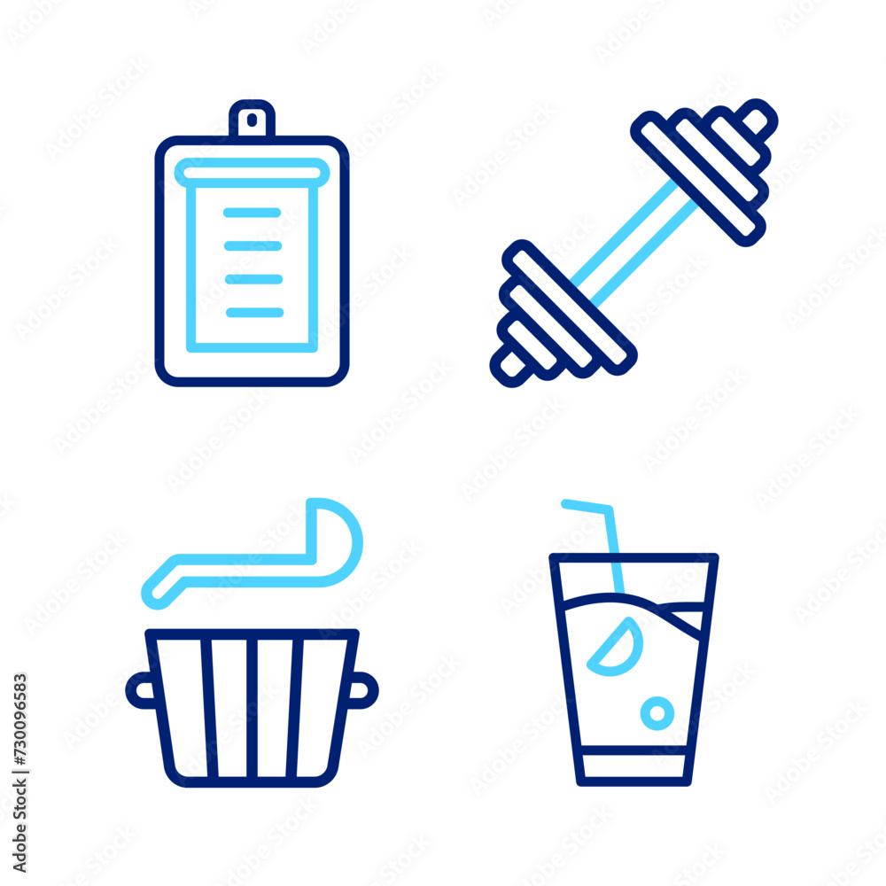 Set line Fresh smoothie, Sauna bucket and ladle, Dumbbell and Clipboard with checklist icon. Vector Set line Fresh smoothie, Sauna bucket and ladle, Dumbbell and Clipboard with checklist icon. Vector