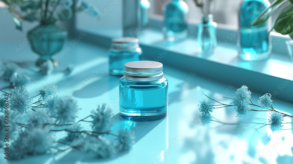 A set of skin care products in the bathroom interior A set of skin care products in the bathroom interior