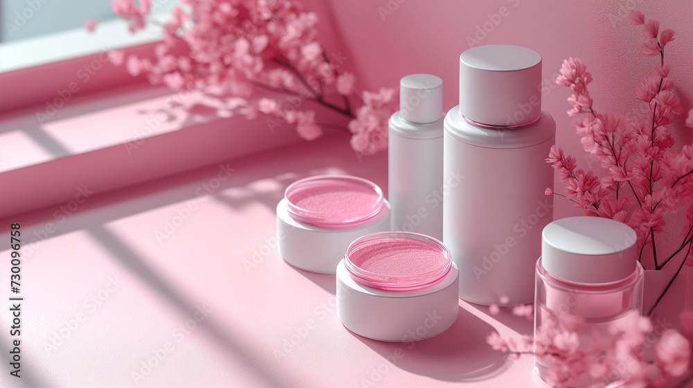 A set of skin care products in the bathroom interior A set of skin care products in the bathroom interior
