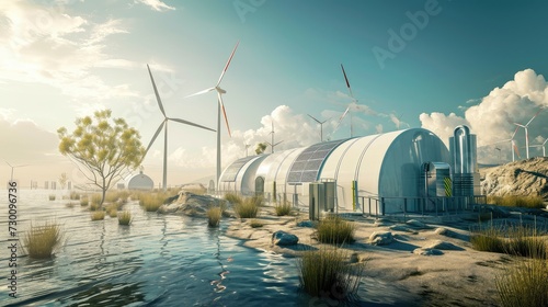 A mixed renewable energy plant with towering wind turbines and solar panels set in a natural landscape under a sunny sky.