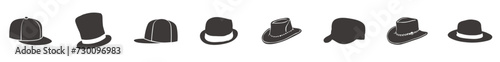 Hats icons set, female and male headwear, derby and cowboy, cap, Panama and cylinder. Vector sets of hats.