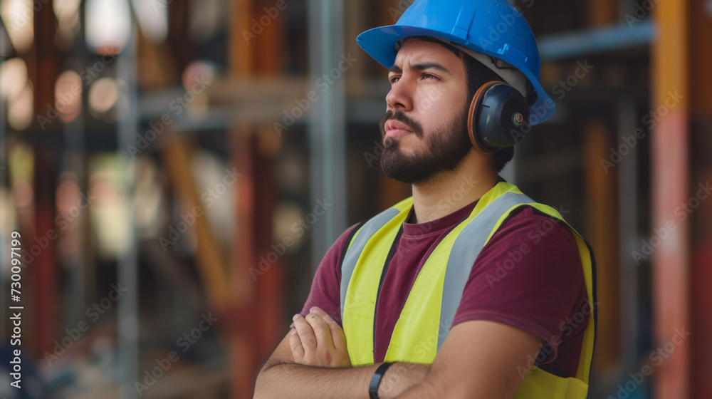 A construction worker with a blue safety helmet and reflective vest stands with crossed arms, looking intently at a construction site.