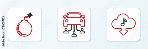 Set line Cloud download music, Bomb ready to explode and Car sharing icon. Vector