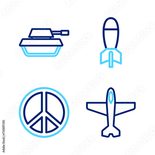 Set line Plane, Peace, Rocket launcher and Military tank icon. Vector